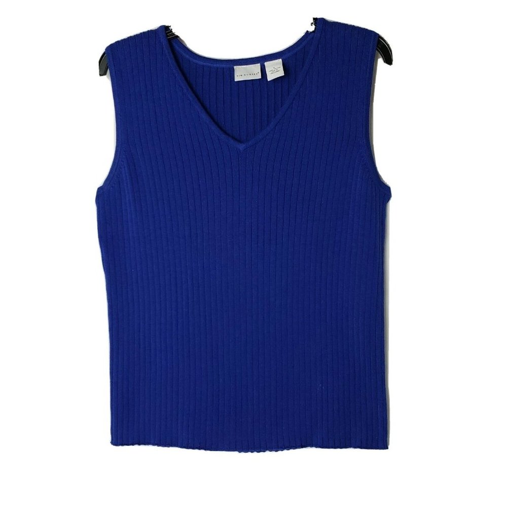 Kim Rogers Womens Blue Ribbed V Neck  Sleeveless L